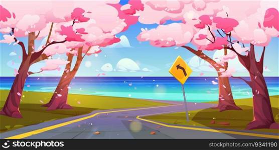 Sea landscape with road, green fields and sakura trees. Spring scene of ocean coast with empty highway, japanese cherry trees with pink flowers and road sign, vector cartoon illustration. Sea landscape with road and sakura trees