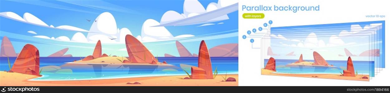 Sea landscape with sand beach and small island with stones in water. Vector parallax background with layers for 2d animation with cartoon seascape with sandy shore, rocks and clouds in sky. Parallax background with sea shore landscape