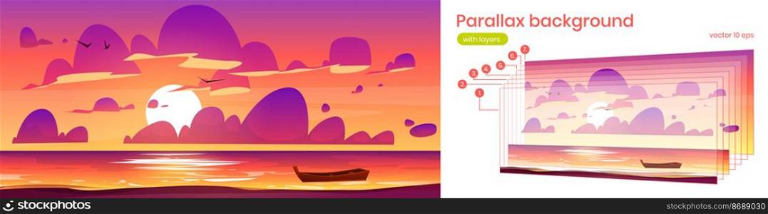 Sea landscape with sand beach and wooden boat at sunset. Vector parallax background for 2d animation with cartoon illustration of ocean with sand shore, boat on water, sun, clouds and birds. Parallax background with sea landscape at sunset
