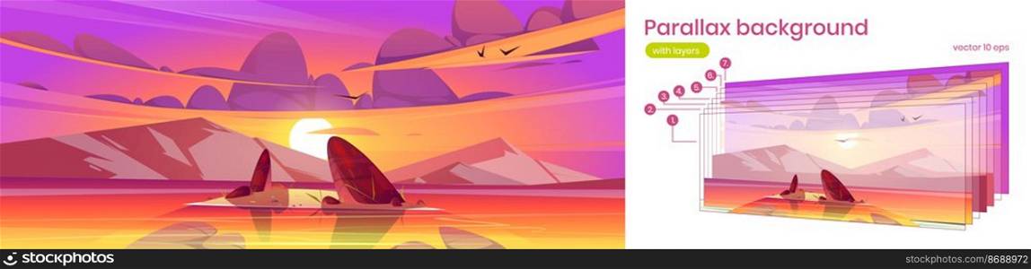 Sea landscape with small island in water and mountains at sunset. Vector parallax background for 2d game animation with cartoon illustration of lake, rocks, sun and clouds in pink sky. Parallax background with sunset landscape of lake