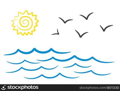 Sea landscape with sun and seagulls hand drawing design, stock vector illustration