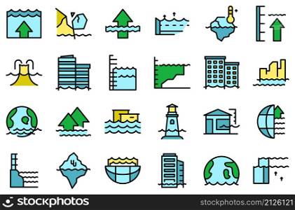Sea level rise icons set outline vector. Water nature. Climate disaster. Sea level rise icons set vector flat