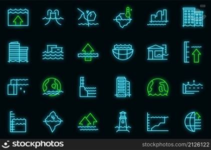 Sea level rise icons set outline vector. Water nature. Climate disaster. Sea level rise icons set vector neon
