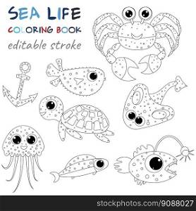 Sea life and anchor. Original coloring pages of the underwater world. Black and white graphics for creativity of children and adults. 