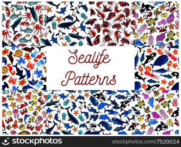 Sea life animals and fishes seamless patterns. Vector cartoon pattern of happy cute seahorse, dolphin, whale, jellyfish, shrimp, octopus, penguin, squid, stingray, clownfish, turtle, crab shark seal mollusk shell. Sealife animals and fishes seamless patterns