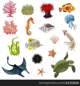 Sea Life Cartoon Icons Set. Set of sea life cartoon icons with fish coral seaweed shell invertebrate vector illustration
