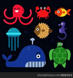 Sea life. Fishes and others underwater mammals. Vector sea life underwater, fish and octopus, jellyfish and seahorse illustration. Sea life. Fishes and others underwater mammals