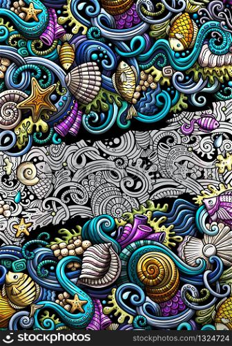 Sea life hand drawn doodle banner. Cartoon detailed flyer. Underwater identity with objects and symbols. Color vector design elements background. Sea life hand drawn doodle banner. Cartoon detailed flyer.