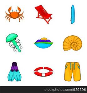 Sea life icons set. Cartoon set of 9 sea life vector icons for web isolated on white background. Sea life icons set, cartoon style