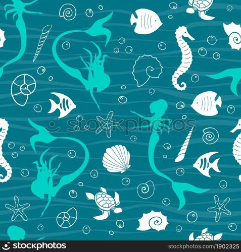 Sea life marine creatures and mermaids seamless pattern. Vector illustration. Vector graphic illustration.