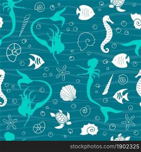 Sea life marine creatures and mermaids seamless pattern. Vector illustration. Vector graphic illustration.