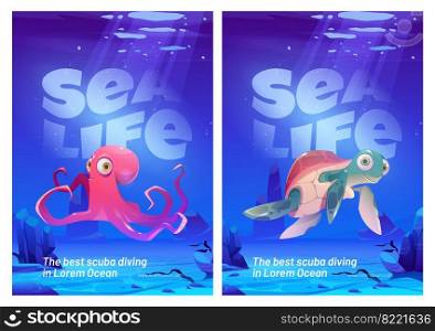 Sea life posters, scuba diving flyers. Funny octopus and turtle characters under water in ocean. Vector cartoon illustration of undersea landscape with wild marine animals. Underwater sea life animals, scuba diving posters