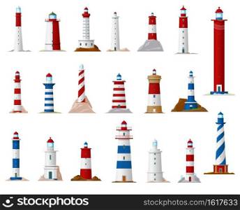 Sea lighthouse and beacon tower isolated vector icons. Nautical navigation ocean coast light houses with searchlight beams, blue, red and white stripes, coastal building architecture design. Sea lighthouse and beacon tower isolated icons