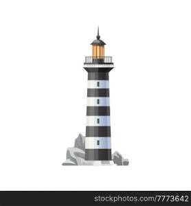 Sea lighthouse building icon. Marine lighthouse tower, vector nautical beacon. Maritime travel, tourism symbol, striped lighthouse lantern building on ocean shore with stones and rocks. Sea lighthouse on rocky seacoast vector icon