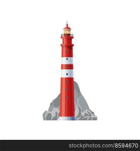 Sea lighthouse building with red and white stripes. Coastal lighthouse lantern building, nautical beacon vector icon. Navigation safety, maritime travel symbol. Lighthouse tower on sea coast. Vintage sea lighthouse on rocky seaside icon