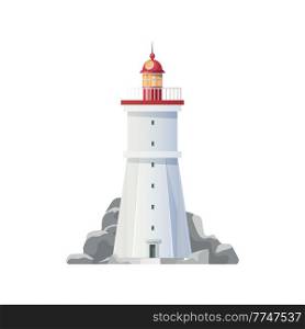 Sea lighthouse icon of isolated vector beacon tower and ocean beach rocks. Lighthouse building of nautical navigation with red searchlight lamp and white tower, marine travel and safety themes. Sea lighthouse icon of beacon tower and rocks