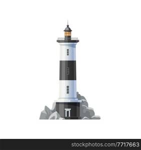 Sea lighthouse of ocean beach vector icon. Beacon tower building with nautical navigation searchlight lamp, white black stripes and marine coast rocks isolated symbol design. Sea lighthouse or ocean beacon icon