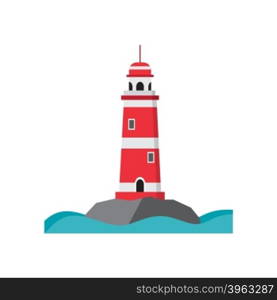Sea lighthouse on a rocky island. Flat isolated vector illustration. Light house red with white stripes, with a high round roof. Searchlight towers and beach and summer vacation