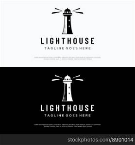 Sea lighthouse tower building creative logo with spotlights vintage vector template.