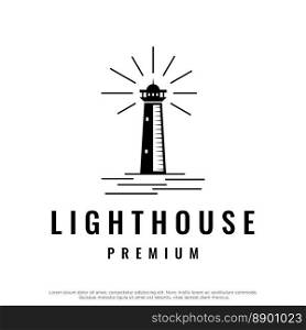 Sea lighthouse tower building creative logo with spotlights vintage vector template.