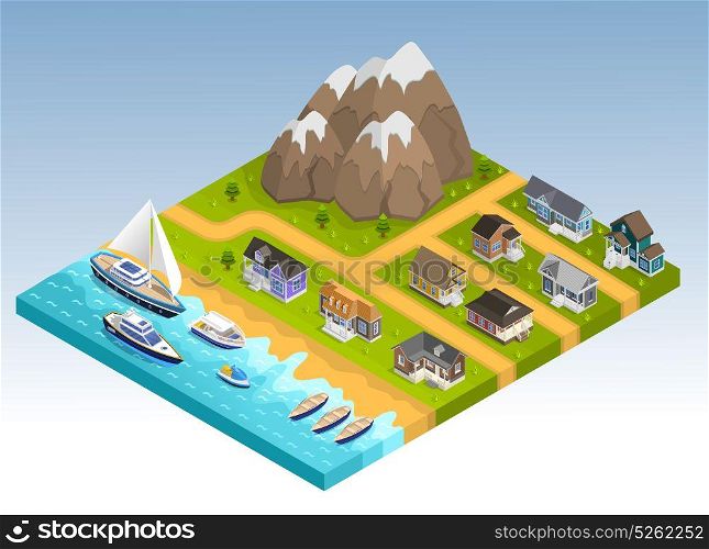 Sea Line Isometric Composition. Sea line scape composition with cottage estate isometric houses mountains and coastline with yachts cruisers and boats vector illustration