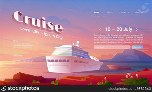 Sea liner cruise cartoon landing page. Invitation to booking ticket on modern ship for travel in ocean, marine journey on luxury sailboat at tropical land, voyage on passenger vessel vector web banner. Sea liner cruise cartoon landing page, book ticket
