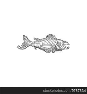 Sea monster serpent dragon fish leviathan sketch isolated. Vector deep sea creature, fantastic marine dangerous fish with sharp teeth and thorns, aquatic beast monster, fantasy underwater animal. Deep sea creature, fantastic marine dangerous fish