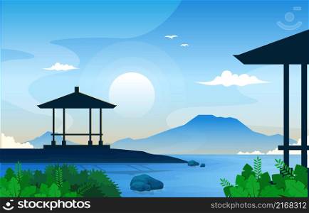Sea Mountain Gazebo Landscape View Nusa Dua Bali Illustration