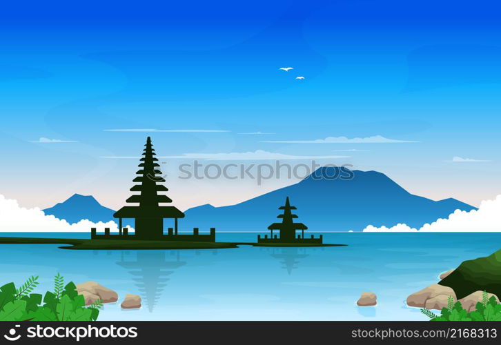 Sea Mountain Temple Beratan Lake Bedugul Bali Landscape View Illustration