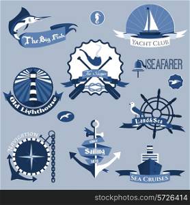 Sea nautical navigation skipper blue labels set isolated vector illustration