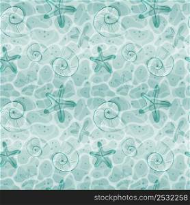 Sea, ocean water ripples surface with starfish and seashells. Seamless pattern vector illustration.