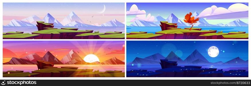 Sea or lake coast with green grass and tree at different time of day. Summer landscape of river and mountains on horizon in early morning, night, sunset and noon, vector cartoon illustrations set. Sea or lake coast at different time of day
