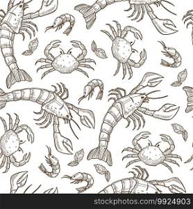 Sea or ocean aquatic animals seamless pattern. Shrimps and crayfish, crabs with claws. Seafood dieting and nutrition, restaurant or diner menu. Monochrome sketch outline, vector in flat style. Aquatic animals, raw seafood shrimps and crabs seamless pattern