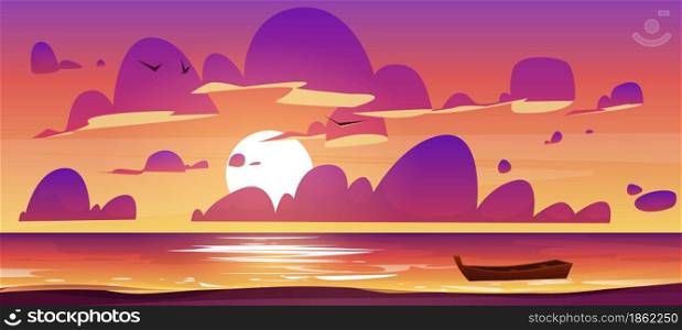 Sea or ocean beach with wooden boat at sunset. Vector cartoon illustration of evening seascape with sand shore, boat on water, sun, clouds and birds in orange and pink sky. Sea or ocean beach with wooden boat at sunset