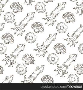 Sea or ocean creatures, mollusk and squid seamless pattern. Delicacy raw and prepared ingredients. Seafood cooking, wildlife mediterranean menu. Monochrome sketch outline, vector in flat style. Squid and shell, marine nautical theme seamless pattern