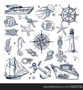 Sea or ocean underwater life with different animals and marine objects. Vector pictures in hand drawn style. Marine life sketch, nature animal fish illustration. Sea or ocean underwater life with different animals and marine objects. Vector pictures in hand drawn style