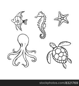 Sea or ocean underwater life with different animals. Hand drawn illustration converted to vector.