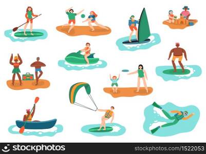 Sea outdoor activities. Water and beach sports, ocean diving, surfing and playing ball, people vacation recreation vector illustration set. Activity sport ocean, sea active leisure and swimming. Sea outdoor activities. Water and beach sports, ocean diving, surfing and playing ball, people vacation recreation vector illustration set