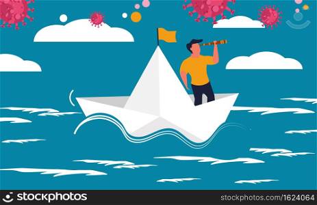 Sea paper ship with man leader. Follow boss with strategy and direction success vector illustration concept. Global business risk and economic crisis. Investor loss market and financial problem.
