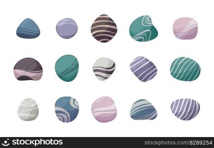 Sea pebbles. Smooth and natural river and ocean stones in various colors, shapes and sizes, perfect for decoration or landscaping. Vector set. Natural tropical solid objects isolated collection. Sea pebbles. Smooth and natural river and ocen stones in various colors, shapes and sizes, perfect for decoration or landscaping. Vector set