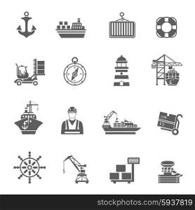 Sea port black icons set with ships and marine transport isolated vector illustration. Sea Port Icons