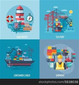 Sea port design concept set with container cargo and shipment flat icons isolated vector illustration. Sea Port Flat Set