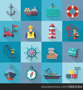 Sea port flat icons set with anchor container ship lifebelt isolated vector illustration. Sea Port Icons Set