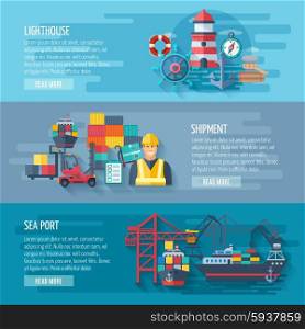 Sea port horizontal banner set with flat lighthouse and shipment elements isolated vector illustration. Sea Port Banner