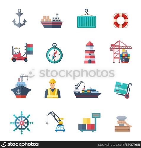 Sea port icons flat set with marine shipping isolated vector illustration. Sea Port Icons Set