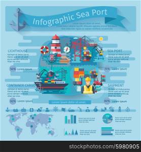Sea port infographics set with container ships symbols and charts vector illustration. Sea Port Infographics Set