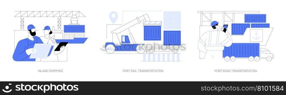 Sea port infrastructure abstract concept vector illustration set. Inland shipping, port rail and road transportation, barge operator, goods loading control manager, move containers abstract metaphor.. Sea port infrastructure abstract concept vector illustrations.