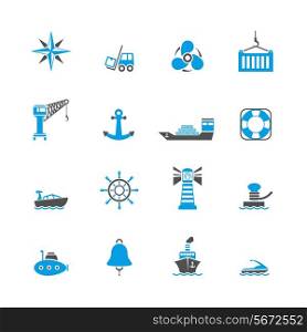 Sea port marine journey and shipping freight icons set isolated vector illustration
