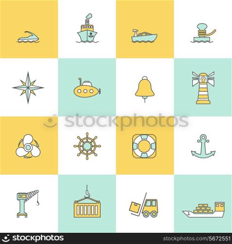 Sea port marine journey and shipping icons flat line set isolated vector illustration