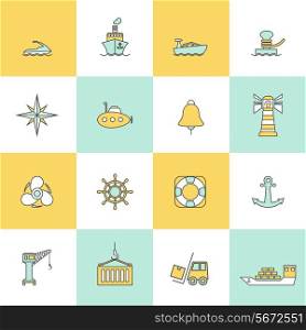 Sea port marine journey and shipping icons flat line set isolated vector illustration